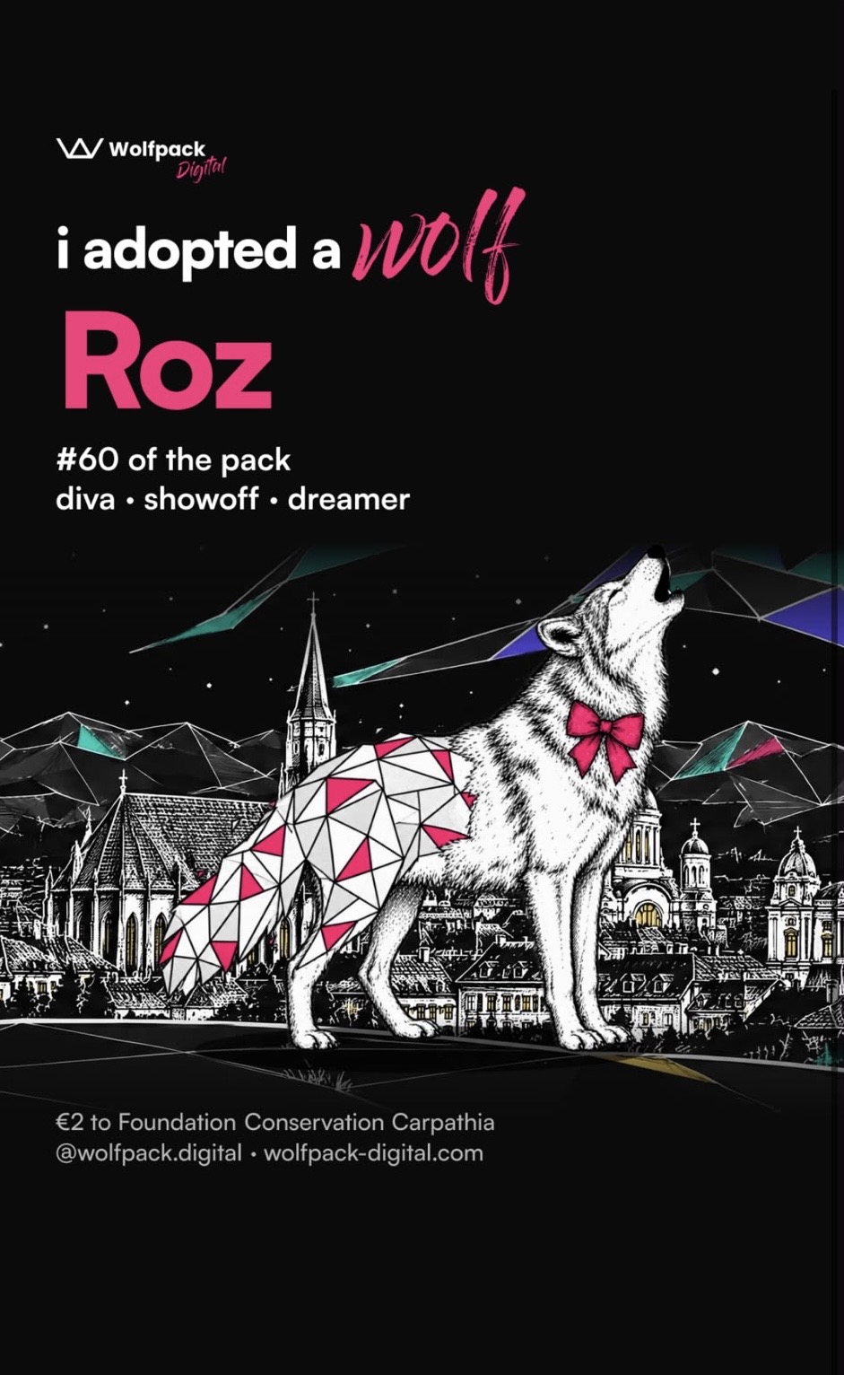 Join the Pack Instagram story card for Roz, wolf #60 of the pack, showing an illustrated howling wolf with a pink bow over the night-time Cluj-Napoca skyline, with a €2 donation to Foundation Conservation Carpathia.