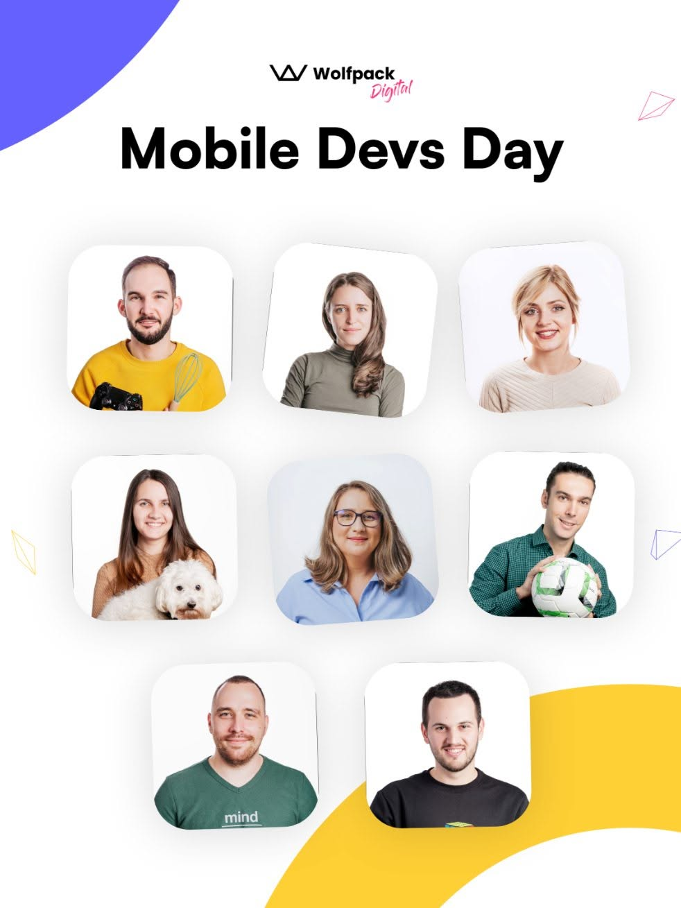 Wolfpack Digital's 'Mobile Devs Day' graphic showcasing eight members of the mobile development team, each in an individual portrait, some posing with props that reflect their personalities.