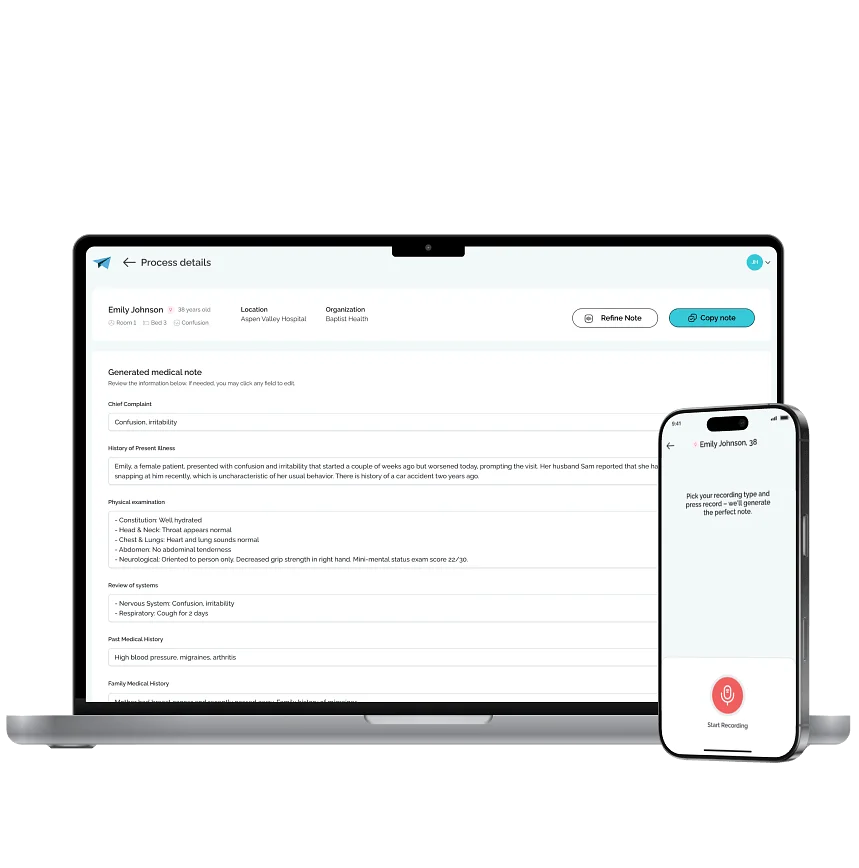 A medical AI note-taking app shown on a laptop and a smartphone. The laptop displays a 'Process details' screen with a generated medical note for a sample patient, Emily Johnson, including sections for Chief Complaint, History of Present Illness, Physical Examination, Review of Systems, Past Medical History, and Family Medical History, plus 'Refine Note' and 'Copy note' buttons. The smartphone shows the app's recording screen with the prompt 'Pick your recording type and press record — we'll generate the perfect note' above a red 'Start Recording' button.
