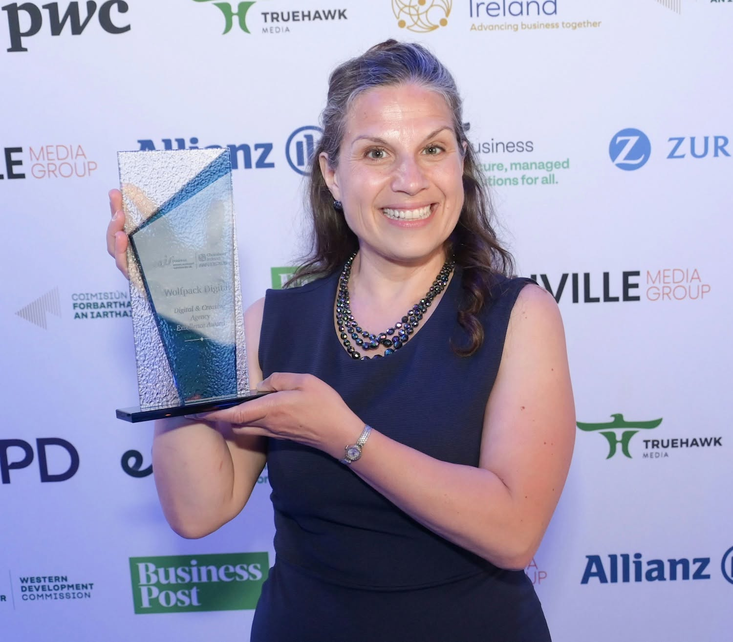 Wolfpack Digital wins the Digital & Creative Agency Excellence Award at the Chambers Ireland Awards, with Maria accepting the trophy on the company's behalf.