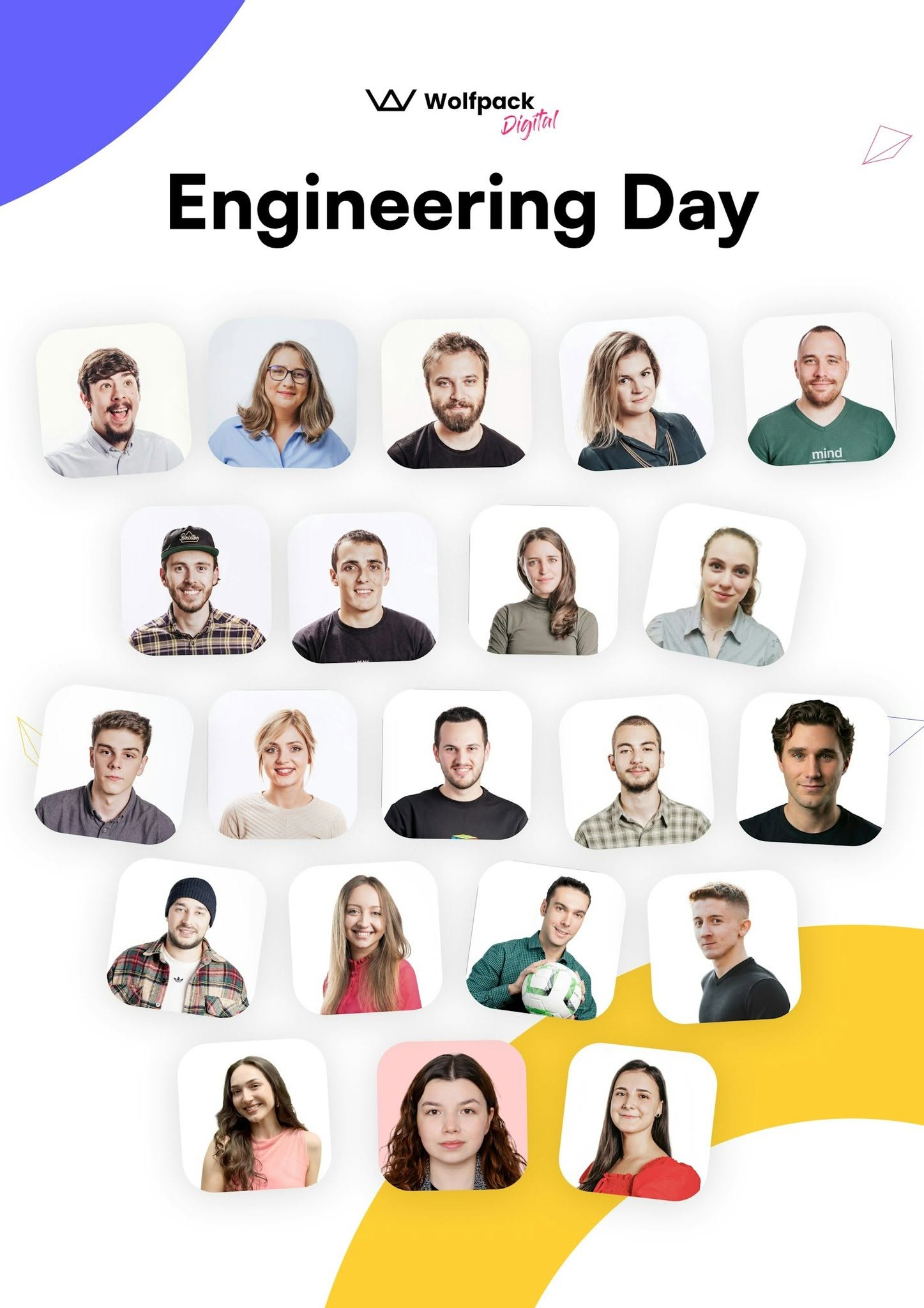 Wolfpack Digital Engineering Day graphic with portrait photos of 21 members of the engineering team, arranged in rows on a white background with purple and yellow accents.