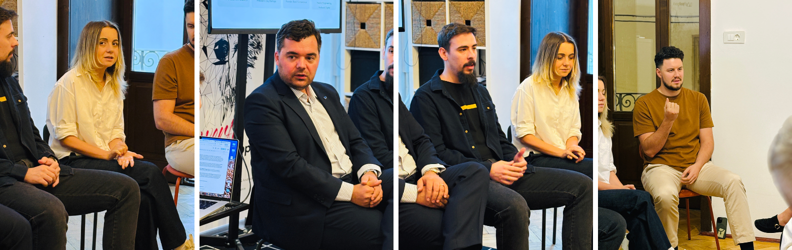 Four photos from Wolfpack Digital’s Cluj-Napoca meetup “AI takes you from zero to 60 in a weekend. What about the rest?”, showing the panellists seated in a row and speaking in turn during the discussion.