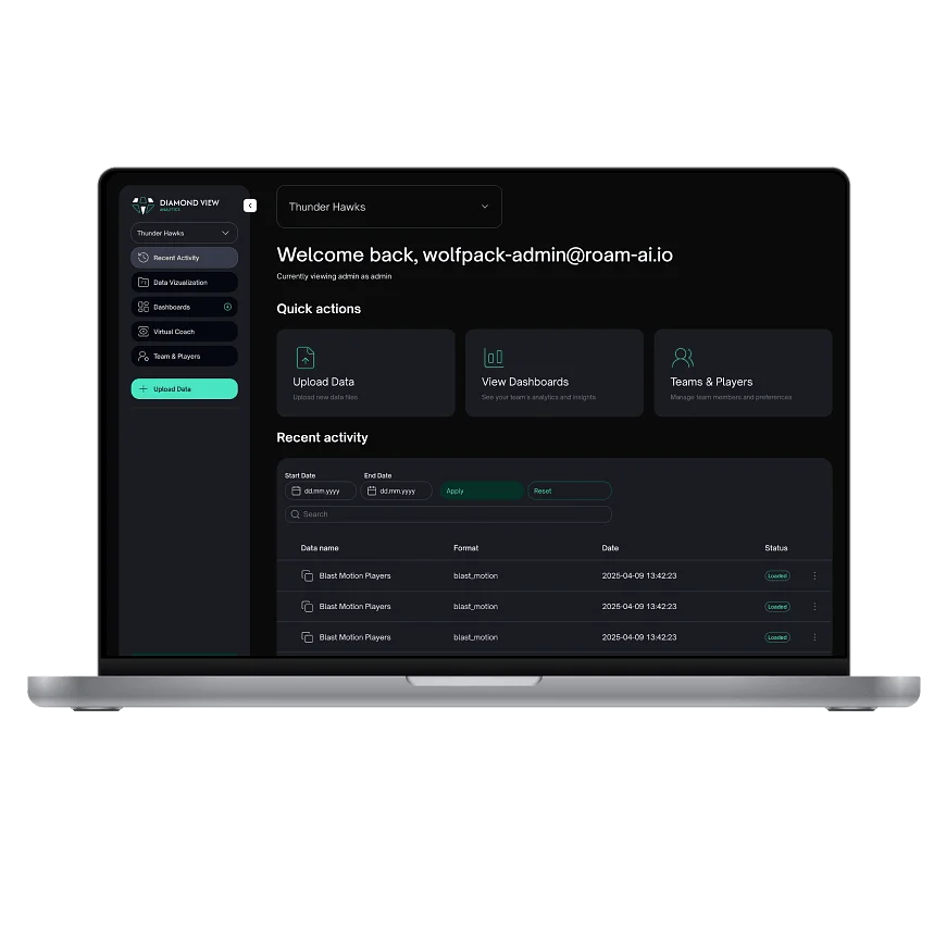 Diamond View Analytics baseball analytics platform on a laptop screen, showing the admin home page with quick actions for uploading data, viewing dashboards and managing teams and players, above a table of recently uploaded data files.