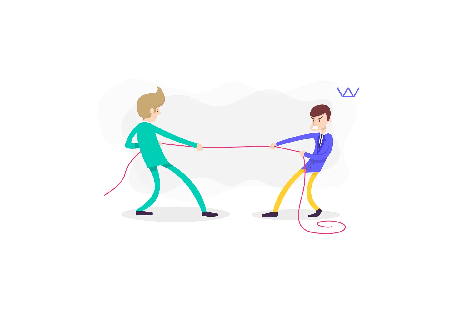 Illustration of two people playing tug-of-war with a rope, representing competition, conflict, or opposing choices.
