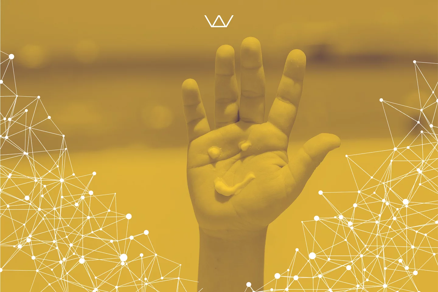 Close-up of an open hand tinted gold on a yellow background, overlaid with a white network-line graphic