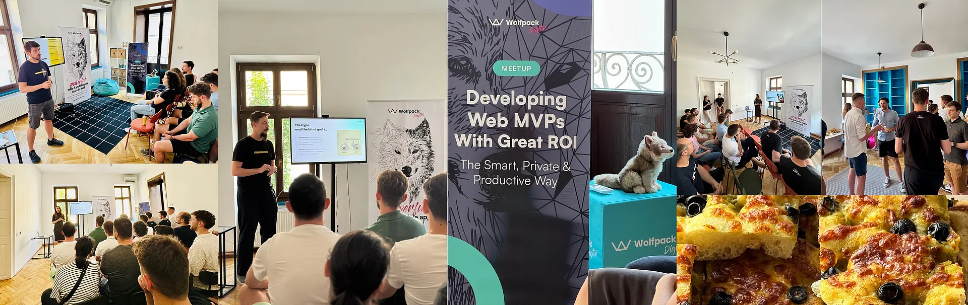 a collage of images from Wolfpack Digital's last  downtown meetup, “Developing Web MVPs with Great ROI – The Smart, Private & Productive Way.” You cans see people attending the event and discussing with each other