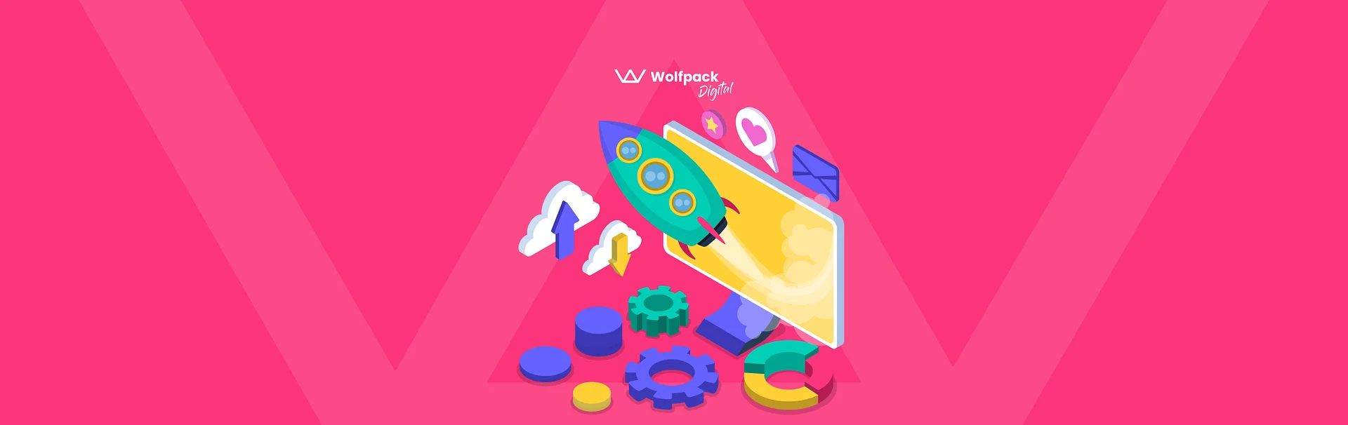 Illustration of a rocket launching from a smartphone screen surrounded by icons of gears, charts, arrows, and messages, symbolizing digital growth and innovation. The background is bright pink with the Wolfpack Digital logo at the top.