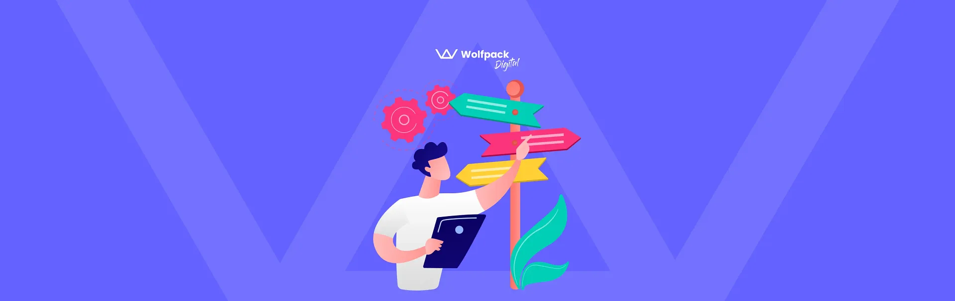 Illustration of a person holding a tablet and pointing at a colorful signpost with multiple arrows, representing different directions. The background is purple with subtle “W” shapes and the Wolfpack Digital logo. Visual metaphor for choosing the right product development approach — full-service, design-led, or staff augmentation.