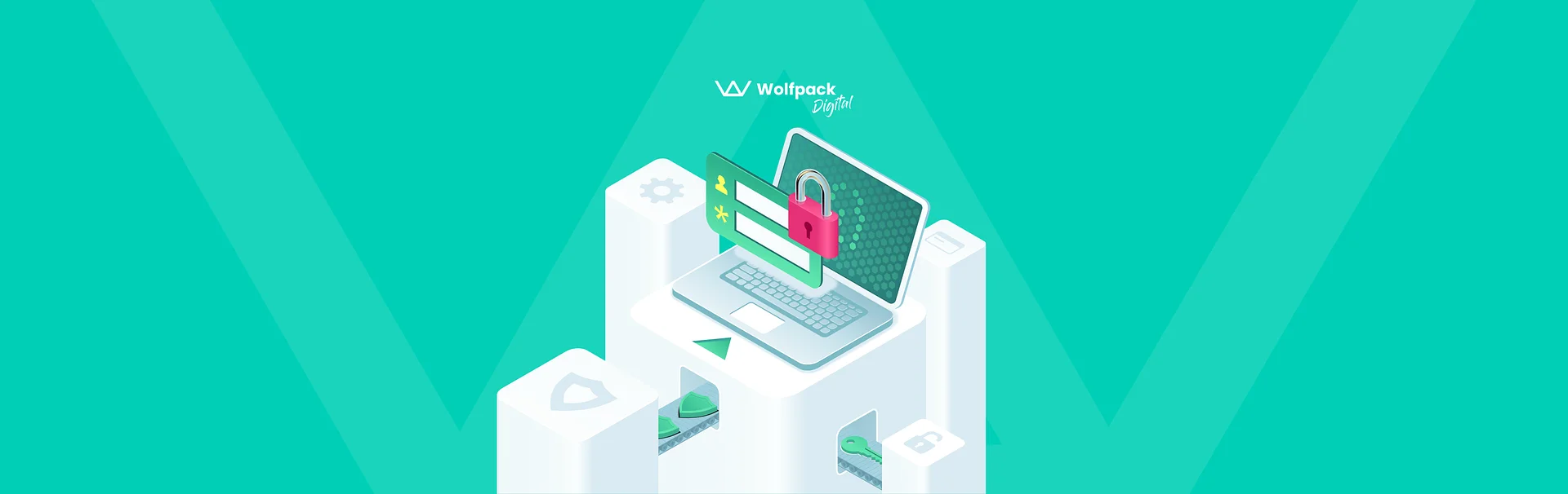 Illustration of a secure fintech app interface featuring a laptop, lock, and digital elements, representing compliance, data protection, and scalability — Wolfpack Digital.