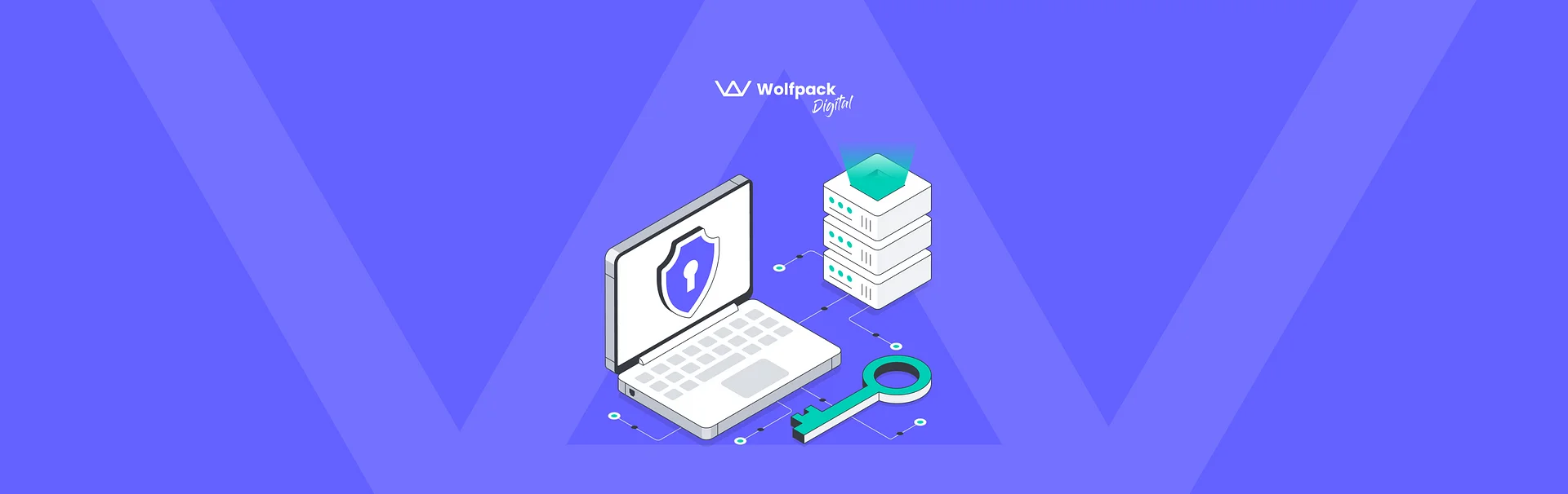Isometric illustration of a laptop with a shield, lock, magnifying glass, and stacked database, representing cybersecurity and data protection, with the Wolfpack Digital logo.