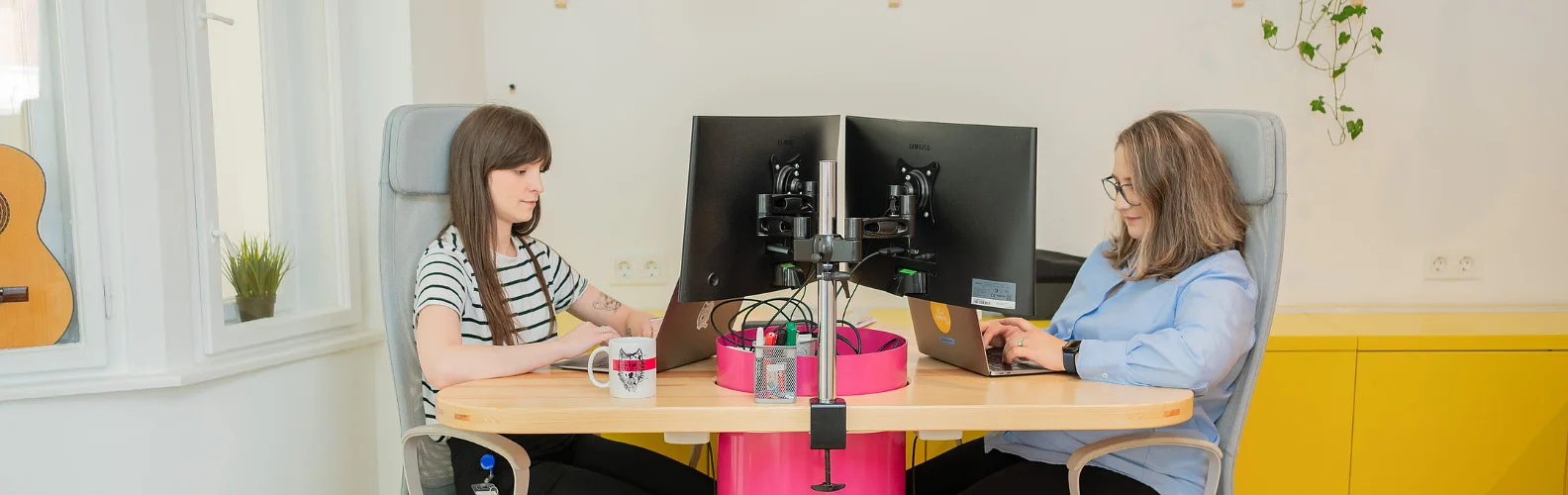 Two people working side by side at a shared desk in a bright, modern office, each using a laptop with dual monitors, illustrating focused collaboration in a digital product development environment.