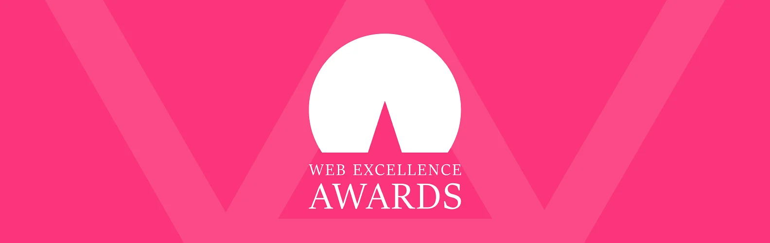 Web Excellence Awards logo on a bright pink background, featuring a stylised white award icon above the text “Web Excellence Awards.”