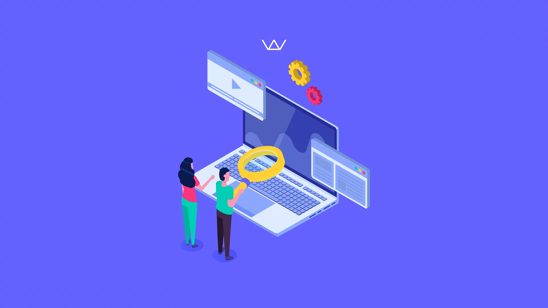 Isometric illustration of two people inspecting a large laptop with a magnifying glass, gears, and floating browser windows on a purple background