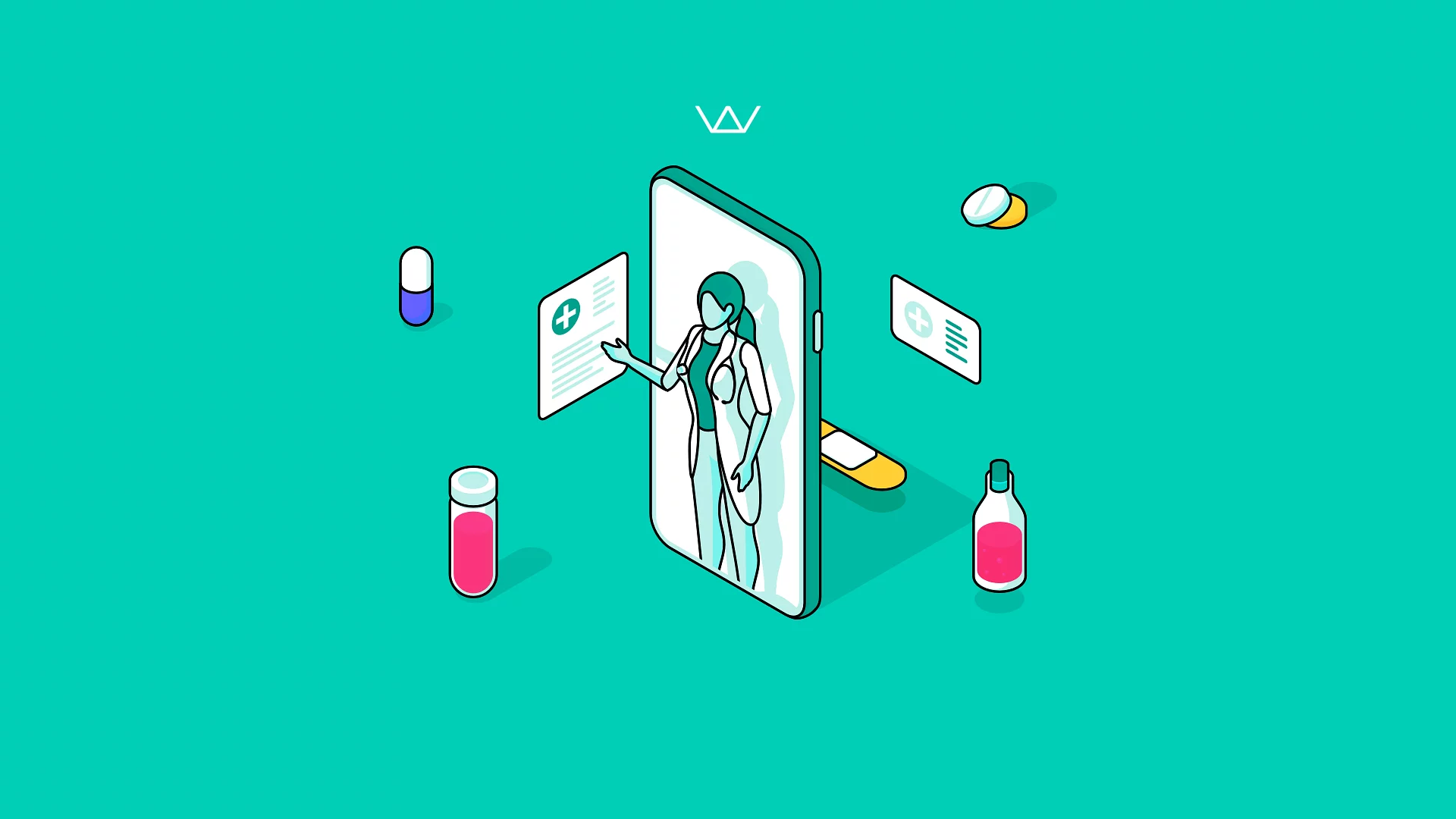 Isometric illustration of a doctor emerging from a smartphone surrounded by pills and medicine bottles, representing telemedicine and healthcare apps.
