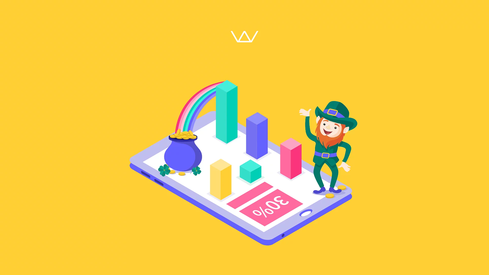 Illustration of a leprechaun with a smartphone bar chart, a rainbow and a pot of gold, for Ireland's fintech growth