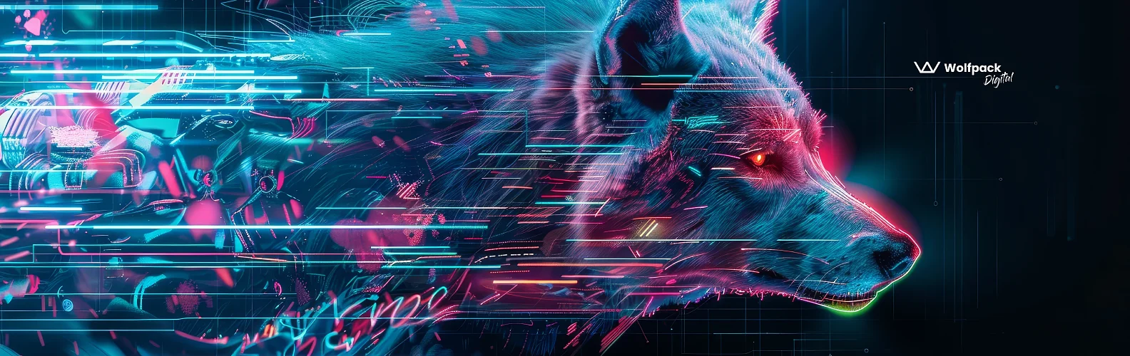 Digital artwork of a wolf's profile in cyberpunk style, rendered in neon cyan and magenta tones with glitch effects and horizontal data streams flowing across the image. The Wolfpack Digital logo appears in the upper right corner against a dark background.
