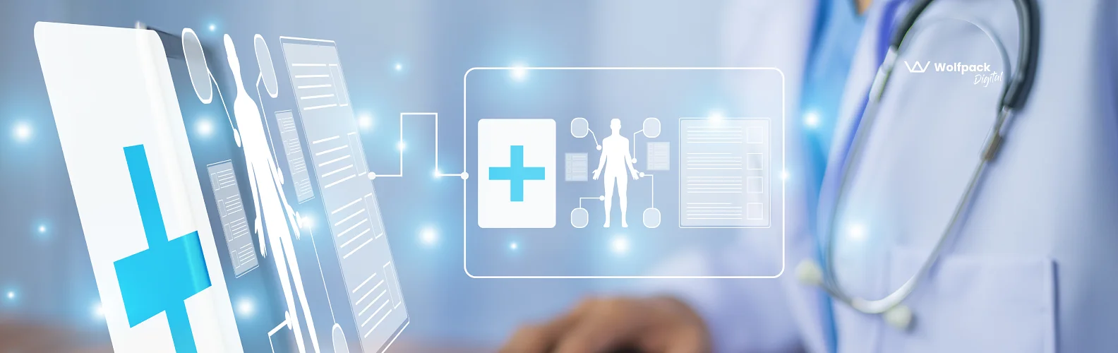 Healthcare professional using a laptop with digital interface showing medical records, patient data flowcharts, and health cross symbols, representing privacy-by-design in healthcare software development.