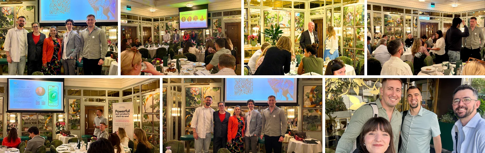 Photo collage from Wolfpack Digital's Breakfast & Insights event in Dublin, May 2026, held at a venue with botanical-themed glass walls and greenery. The images show the Wolfpack team posing together, attendees seated at round tables during talks, presentation screens displaying the event branding and a product slide, networking moments between guests, a Wolfpack 'Powerful tech products start-to-end' banner, and a group selfie of smiling attendees.