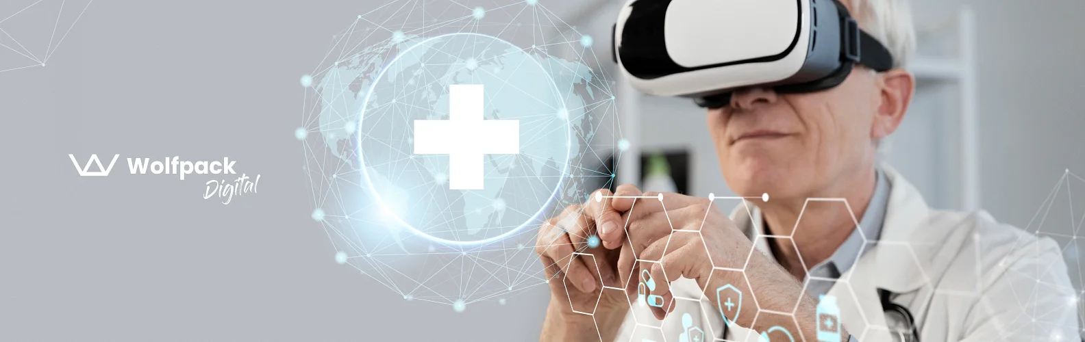Healthtech concept image: a doctor wearing VR goggles touching a glowing medical cross and digital globe, with Wolfpack Digital branding.