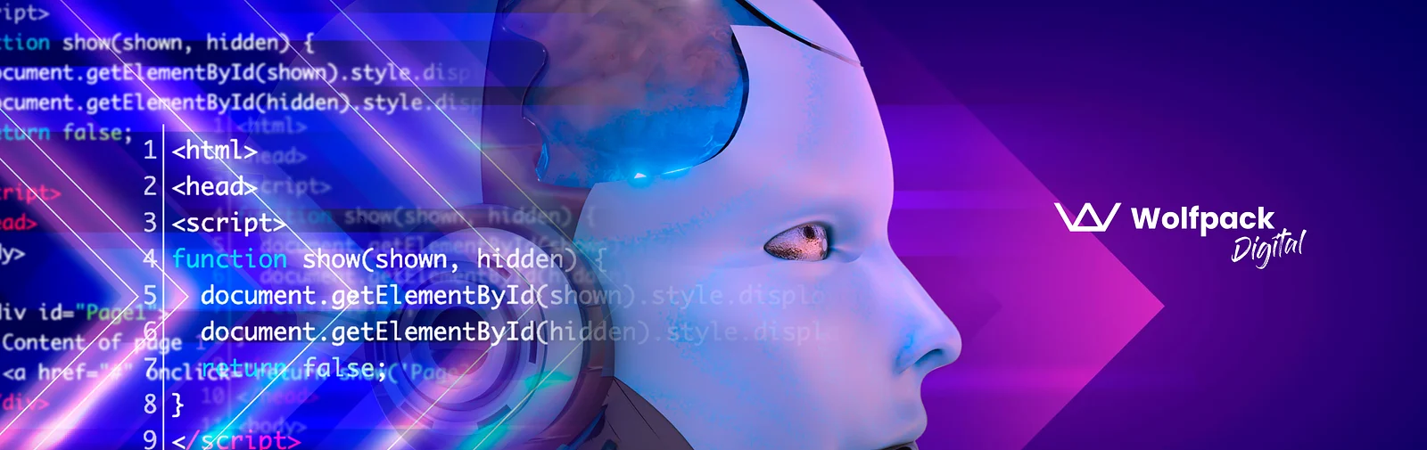 AI-native software development concept — a humanoid AI head beside lines of HTML and JavaScript code, with the Wolfpack Digital logo.