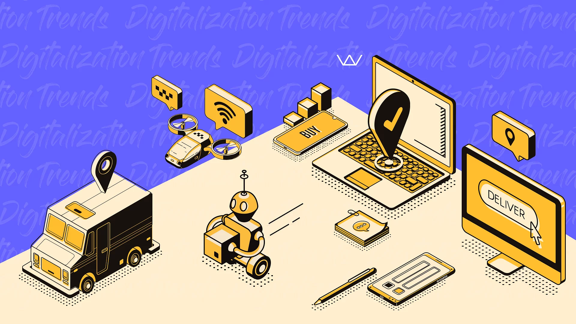 Isometric illustration of digital transformation: a delivery van, drone, robot, and laptop with a location pin, buy and deliver buttons on a purple background