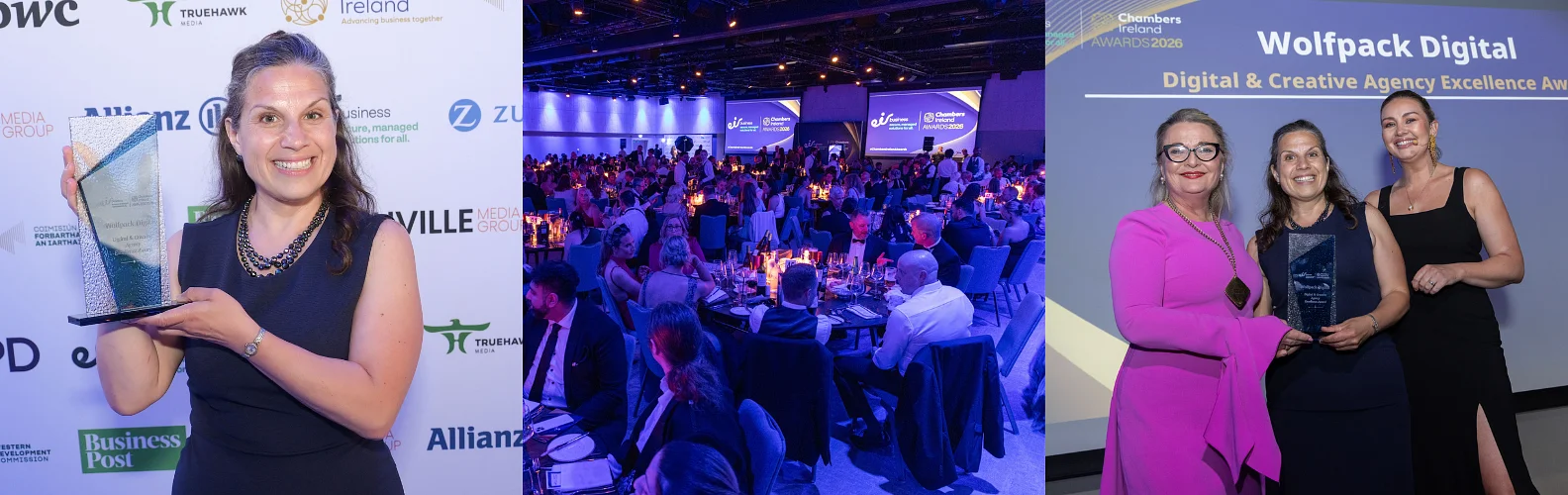 Wolfpack Digital team accepting the Gold award for Digital & Creative Agency Excellence at the 2026 eir business Chambers Ireland Awards, held at the Dublin Royal Convention Centre.