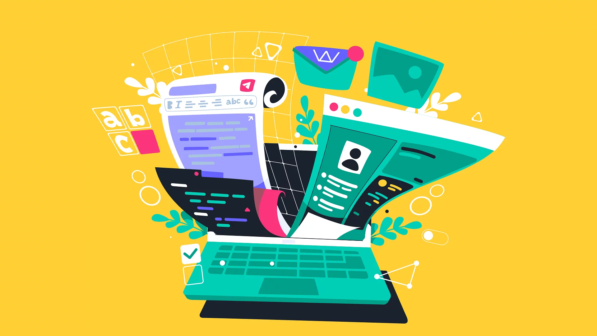 Flat illustration of frontend development with a laptop, code, a text editor toolbar and app screens, on a yellow background