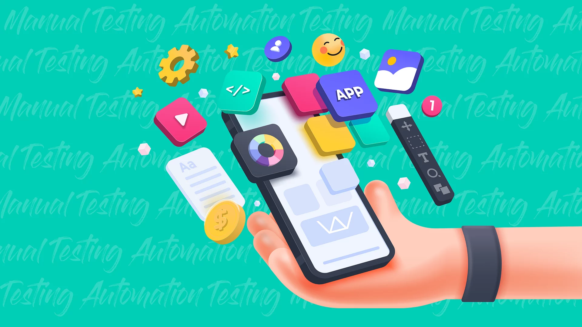 3D illustration of a hand holding a smartphone surrounded by app icons, code symbols, and gears, on a background repeating 'Automation Testing,' representing automated app testing.