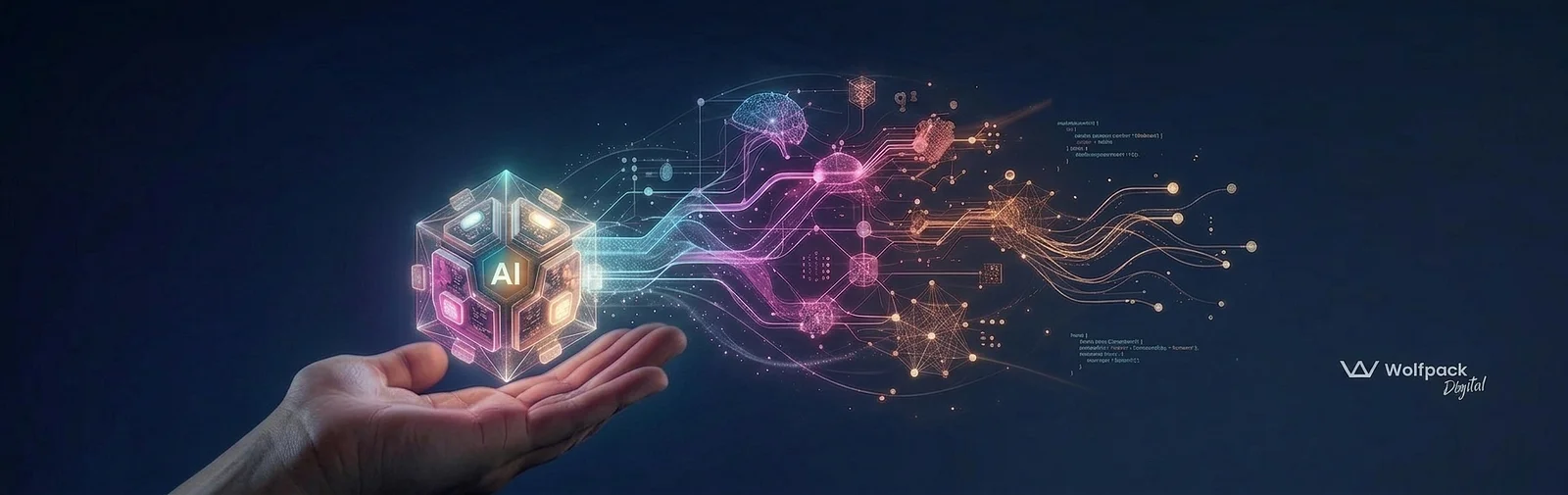 A human hand holding an illuminated 3D cube labeled "AI," emitting glowing digital circuits and neural network pathways across a dark blue background, with the Wolfpack Digital logo in the bottom right corner.