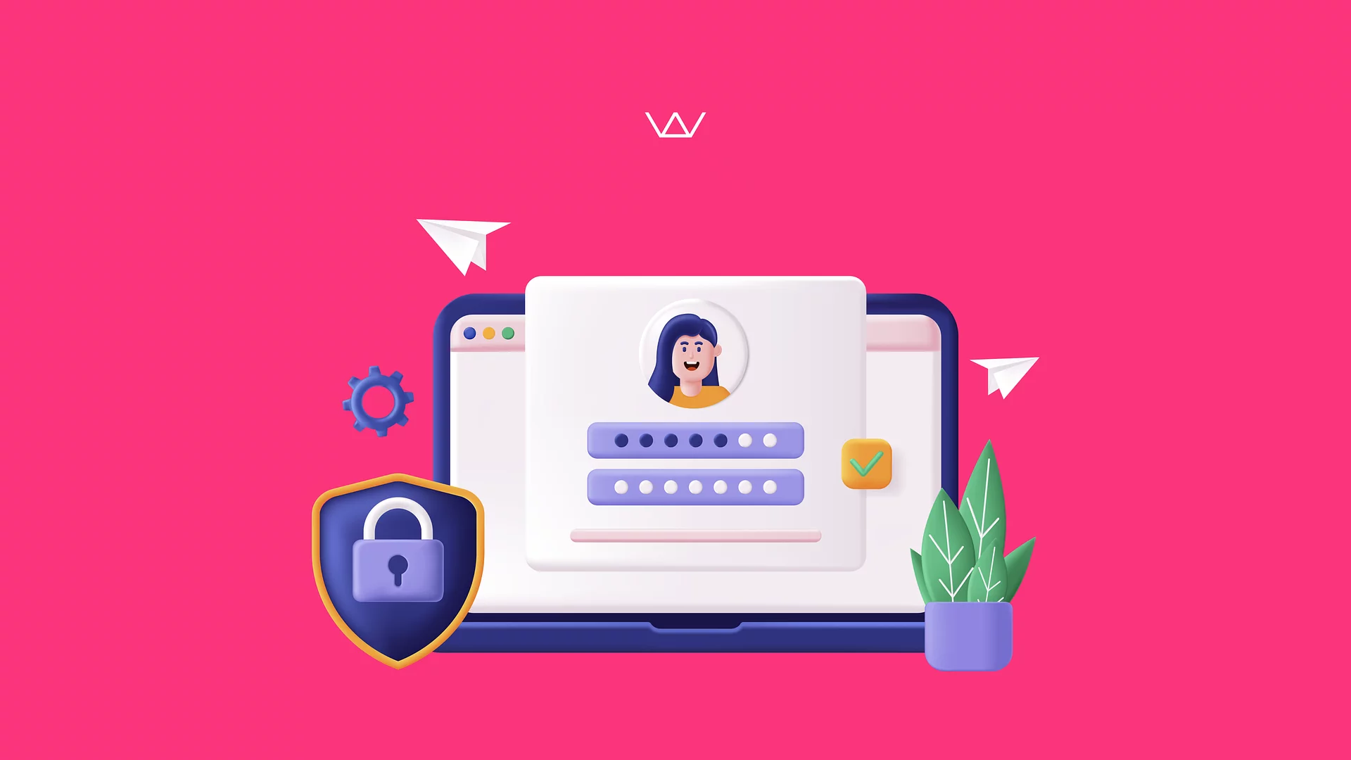 3D illustration of a login screen in a browser window with a user avatar, password fields and a padlock, on a pink background