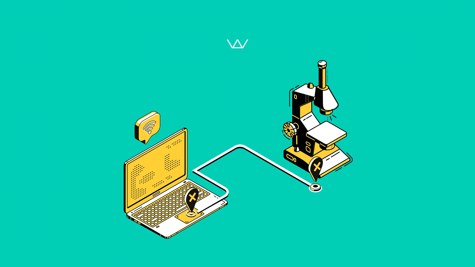 Isometric illustration of a laptop connected to a microscope, representing software research, testing, and detailed analysis.