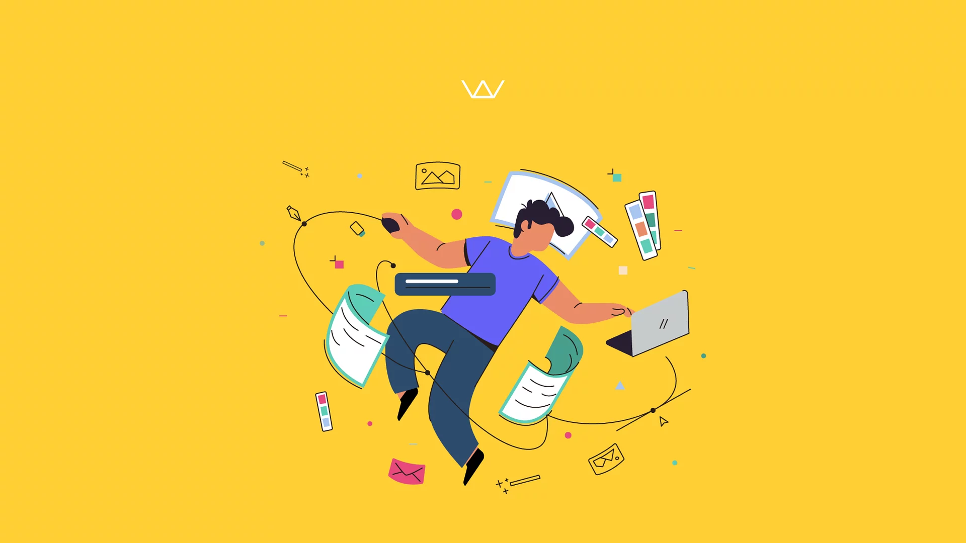 Illustration of a designer in motion surrounded by floating design elements — an image icon, colour swatches, a laptop, and sheets of paper — on a yellow background
