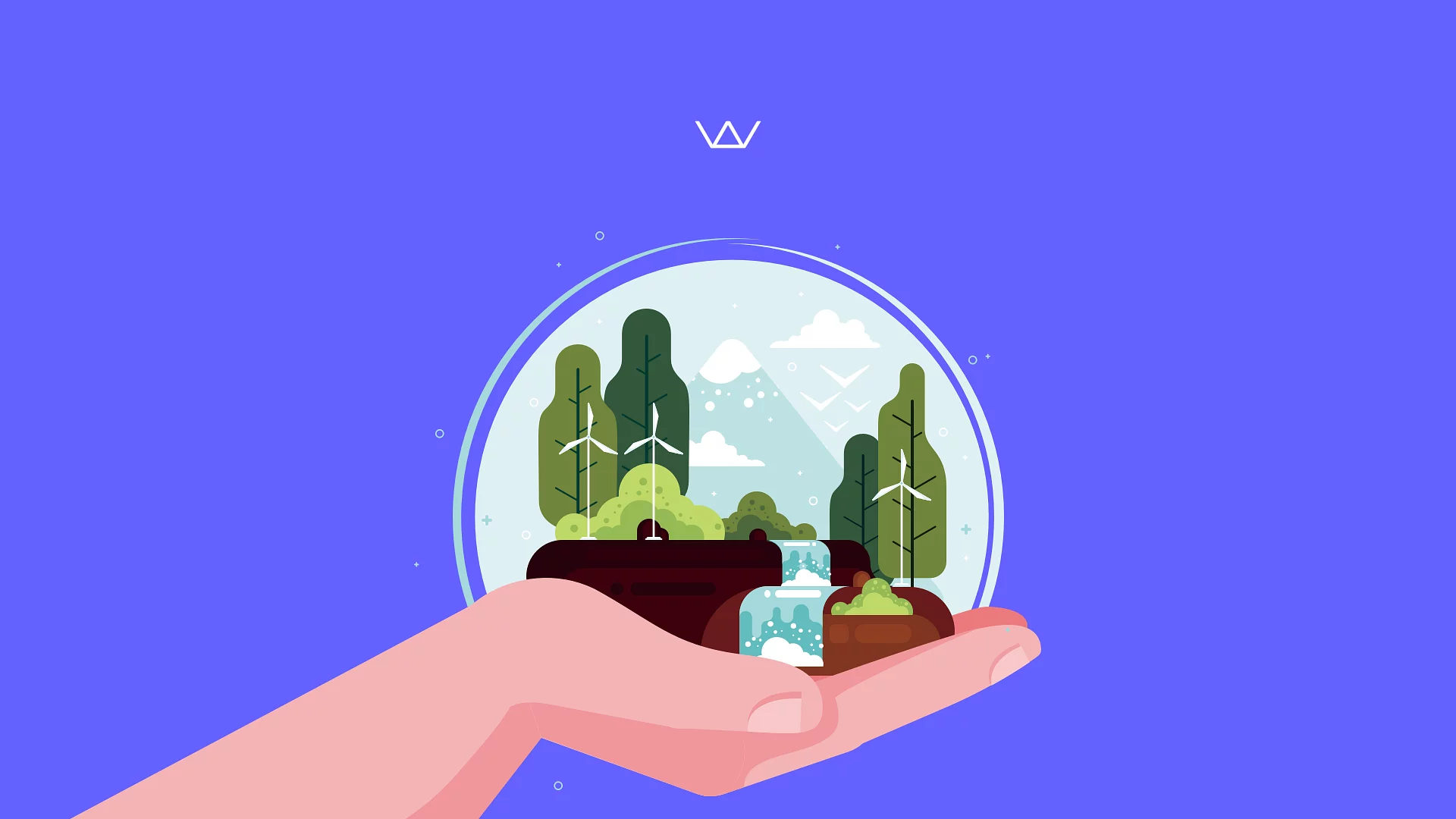 Circular illustration of a green landscape with trees, wind turbines, mountains, and clouds on a purple background, representing sustainability and green technology