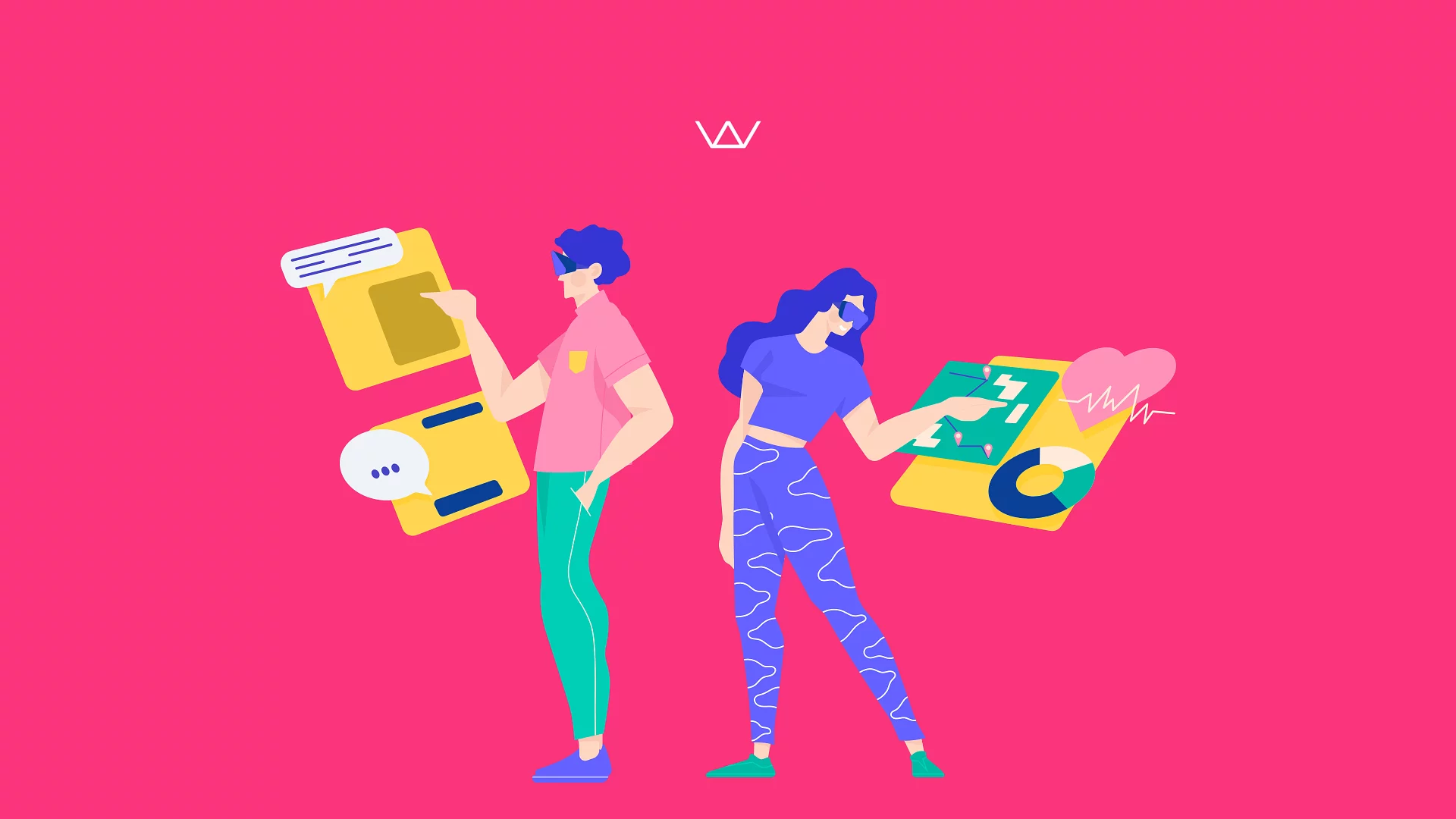 Illustration of two people wearing AR and VR glasses interacting with floating digital screens