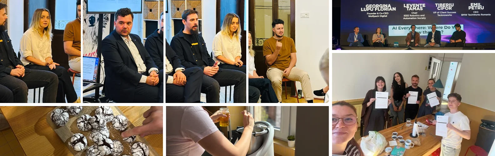 A collage of Wolfpack Digital’s Q3 2026: panelists in conversation at our Cluj meetup “AI takes you from zero to 60 in a weekend. What about the rest?”; Georgina Lupu Florian on the DevTalks stage in the panel “AI Everywhere: Where Do We Draw the Line?” with Levente Tamas, Tiberiu Cifor and Emil Petru; a tray of homemade crinkle cookies; ice cream being made in the office; and the team holding up their answer sheets after the chocolate-tasting competition.
