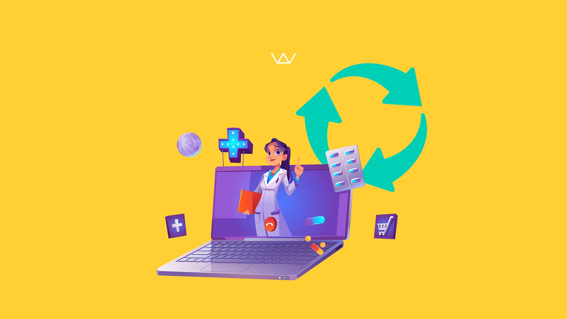 Illustration of a doctor emerging from a laptop screen surrounded by a medical cross, pills, a globe, and green recycling arrows, showing sustainable digital healthcare