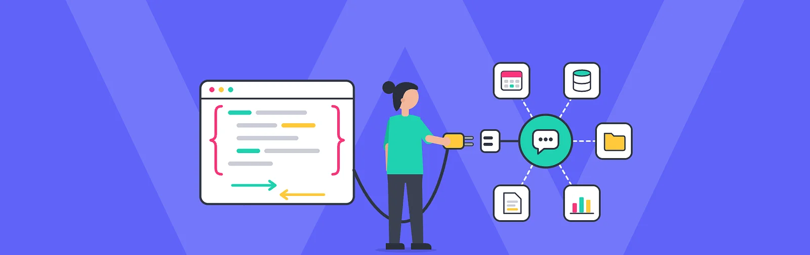 Illustration of a person plugging an API code window into an AI agent hub connected to calendar, database, file, document and analytics tools