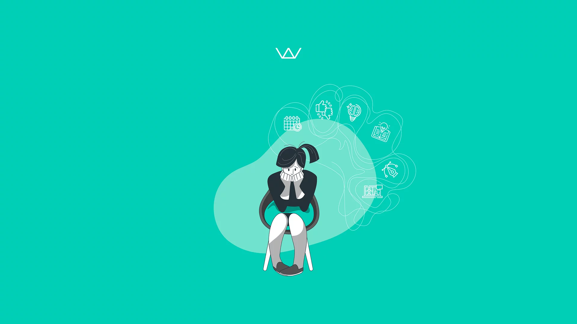 Illustration of a designer sitting with their head in their hands, surrounded by thought bubbles about work and feedback
