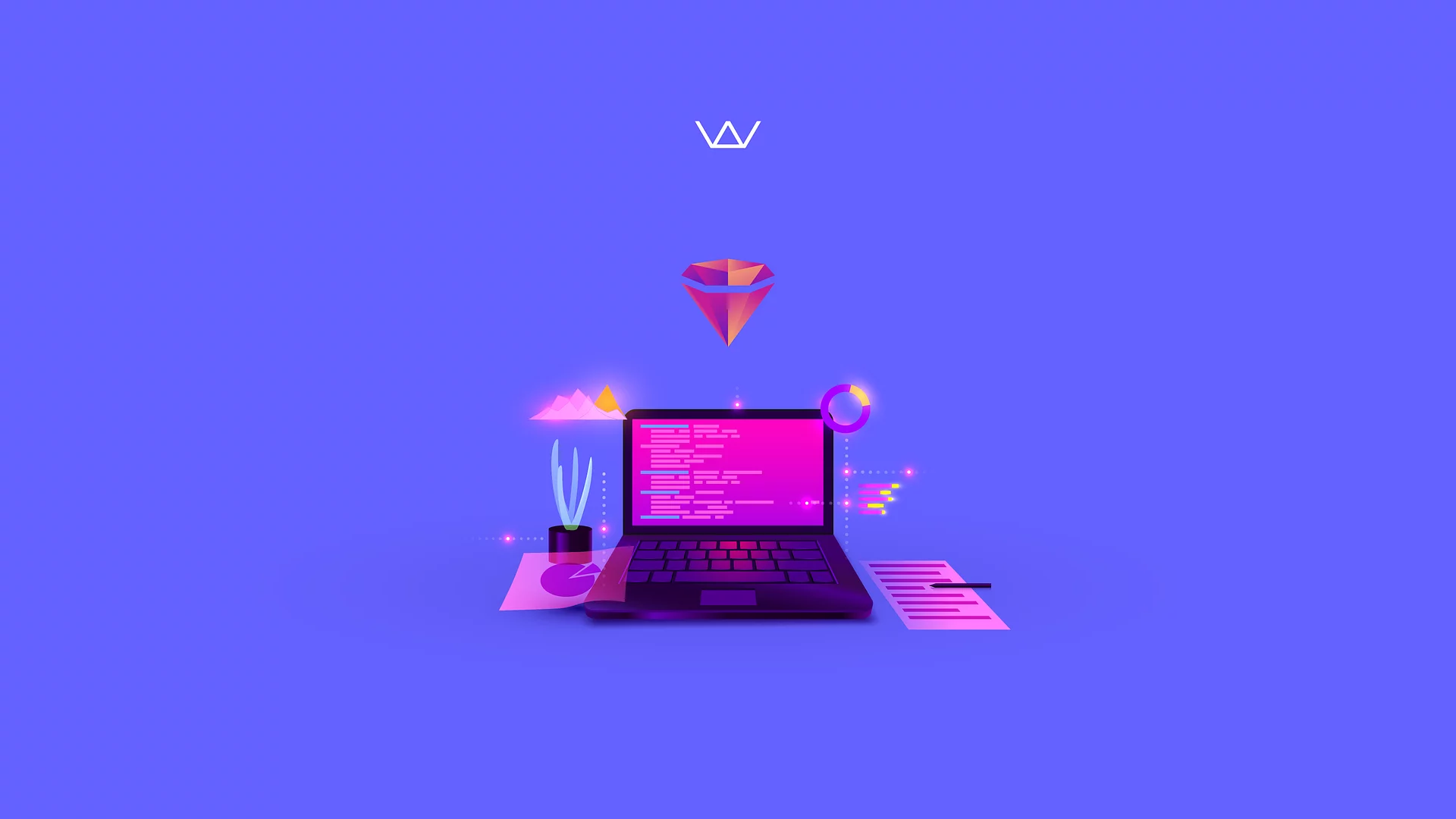 Purple illustration of a laptop showing pink code with a Ruby gem floating above, a plant, and a progress chart