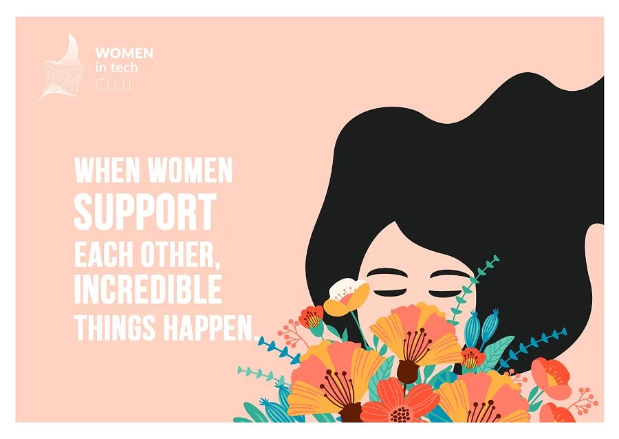 Illustration of a woman with long dark hair holding flowers on a peach background, with text reading when women support each other incredible things happen