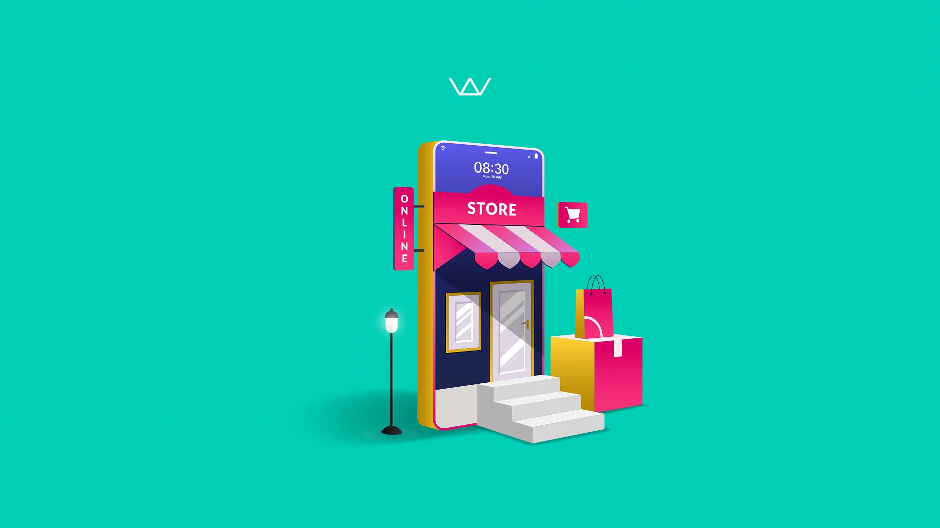 Isometric 3D illustration of a smartphone designed as a storefront with a 'STORE' sign and striped awning, surrounded by shopping bags and delivery boxes, representing online shopping and e-commerce.