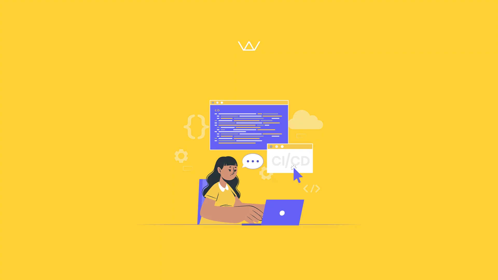 Illustration of a developer at a laptop with code windows, gears, and a CI/CD label representing a CI/CD pipeline