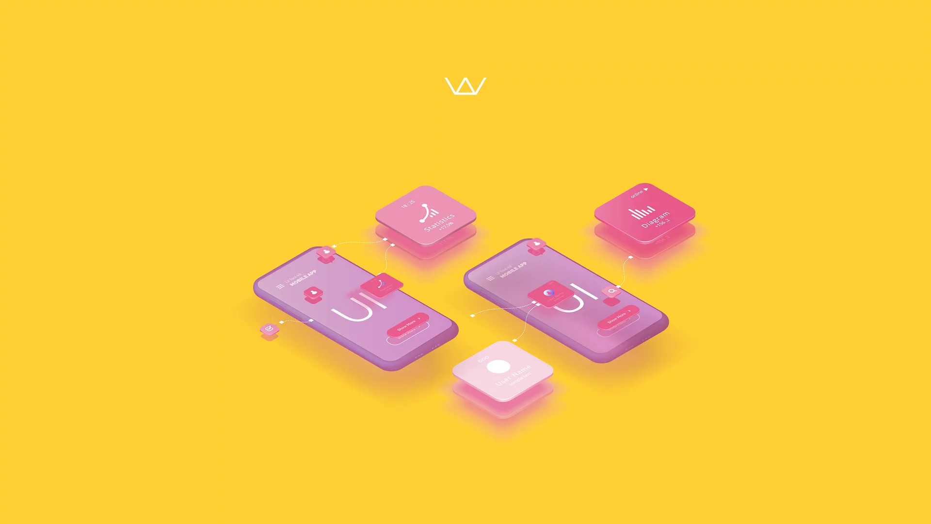 3D isometric illustration of two smartphones showing UI screens with floating data card widgets