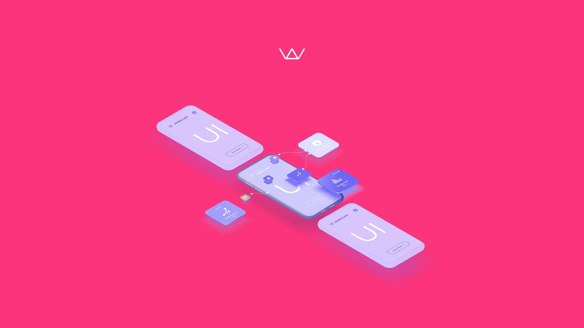3D isometric illustration of three purple smartphones showing UI screens with floating data widgets