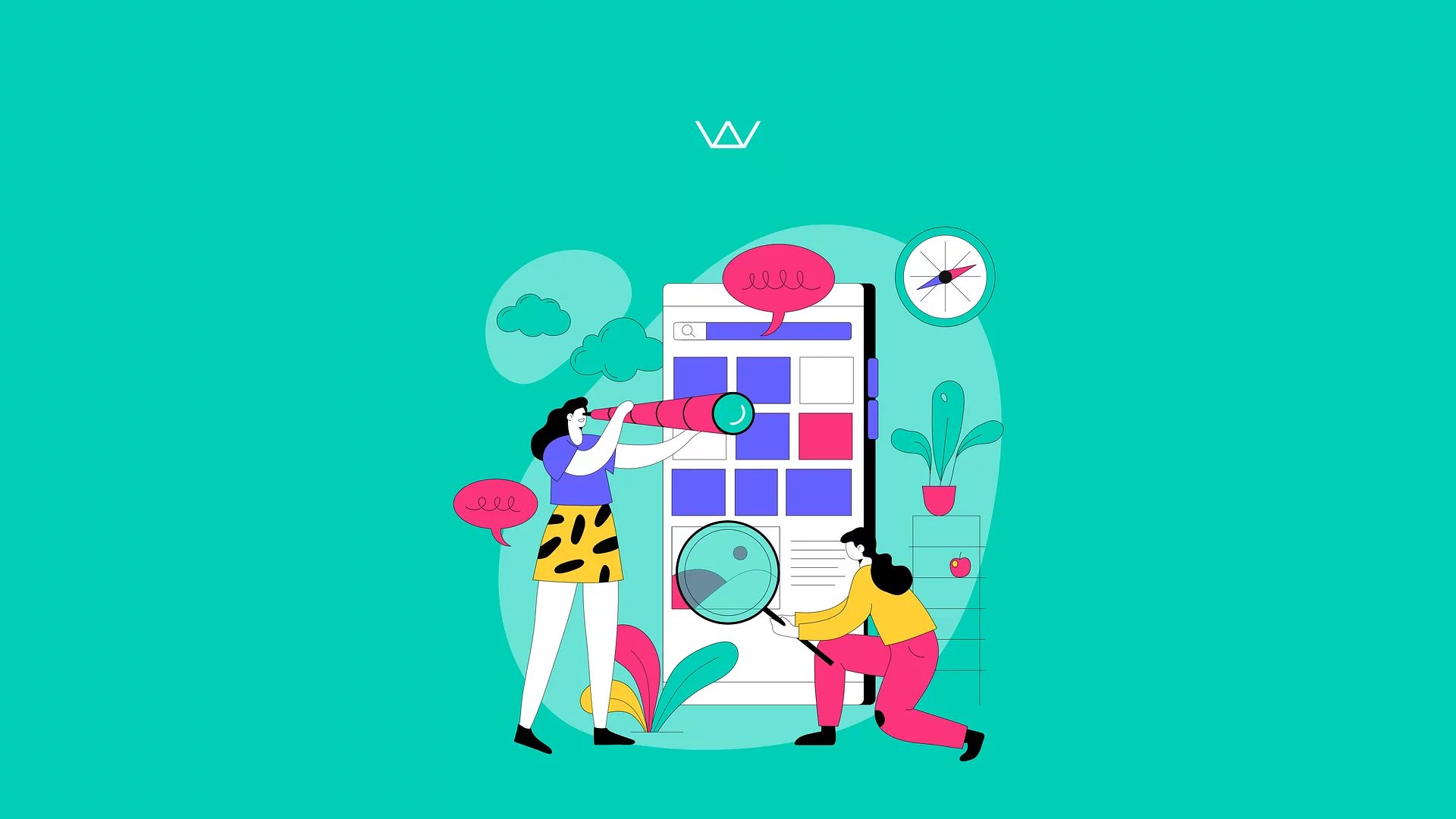 Illustration of a person examining a mobile app screen through a telescope, representing performance testing