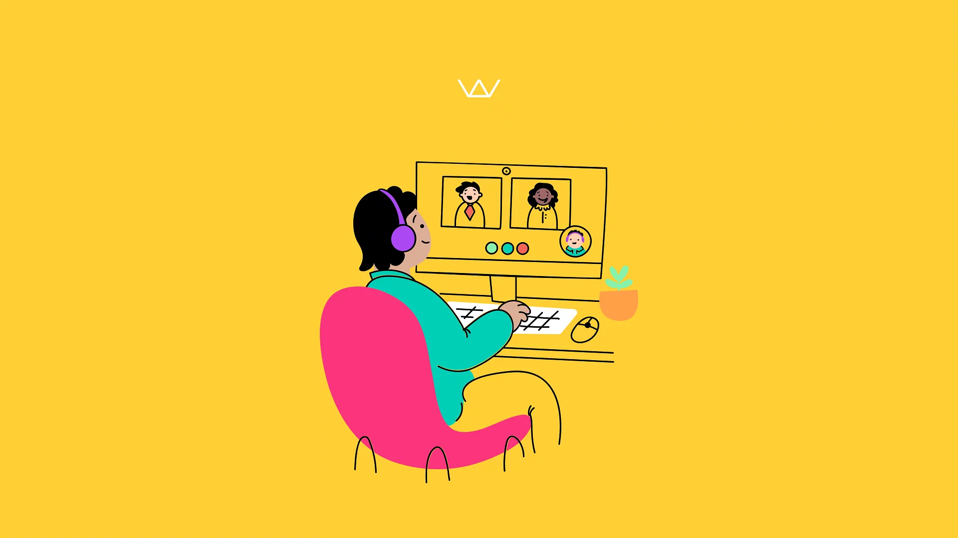 Illustration of a person wearing headphones on a video call with several participants on screen, representing remote work and virtual meetings.