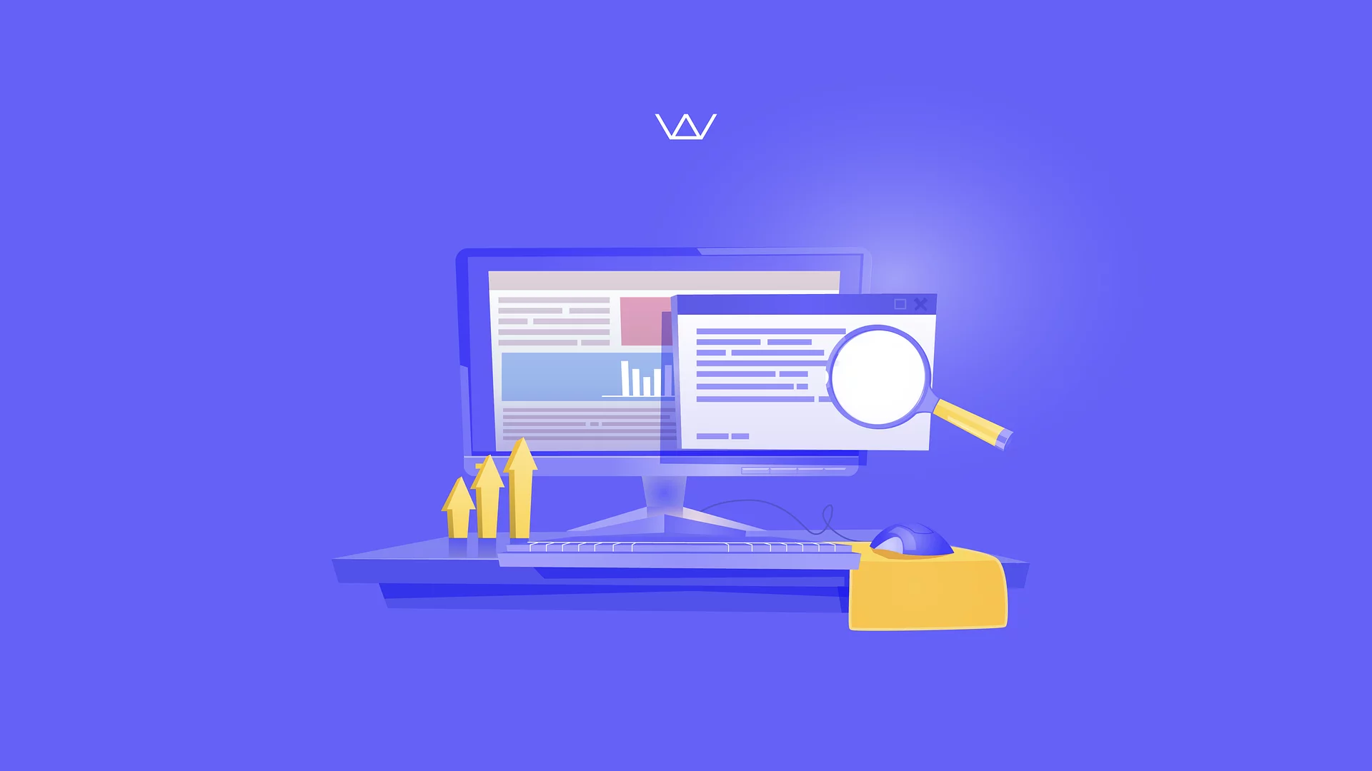 Illustration of a monitor comparing two web page versions with a magnifying glass and rising arrows, representing A/B testing