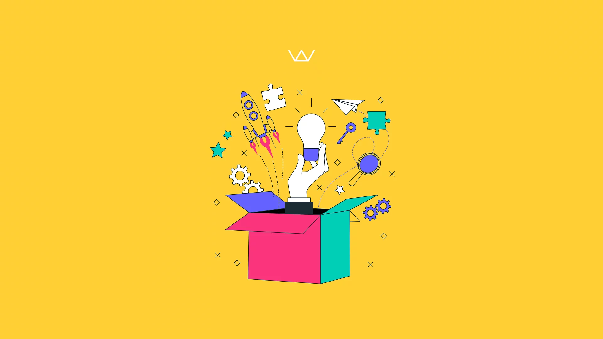 Illustration of a hand rising from an open box surrounded by gears, stars and a magnifying glass, on yellow.
