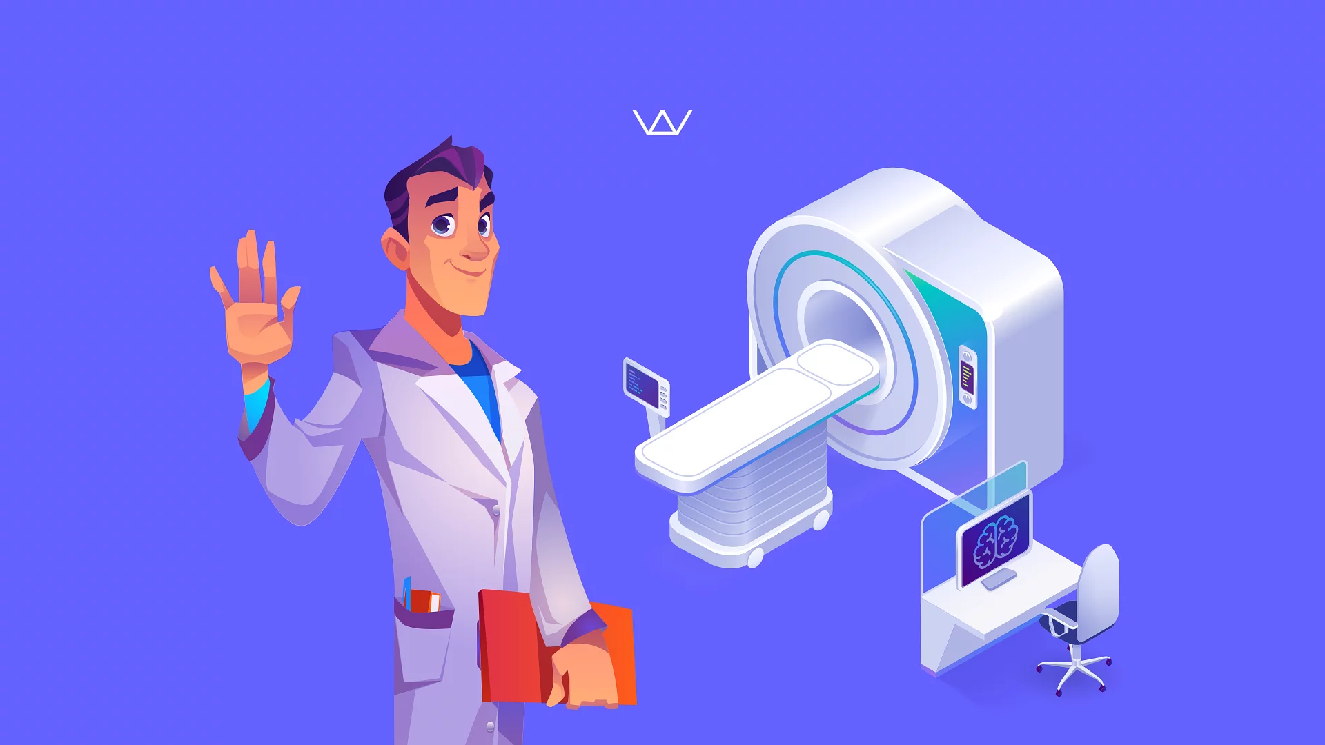 Illustration of a smiling doctor in a lab coat giving an OK gesture next to an MRI or CT scanner machine, representing medical imaging and healthcare technology.