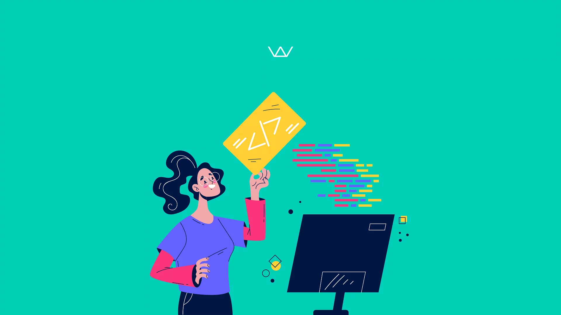 Illustration of a developer holding up a card with the Vue and Nuxt code chevron logo beside colourful code, on a teal background